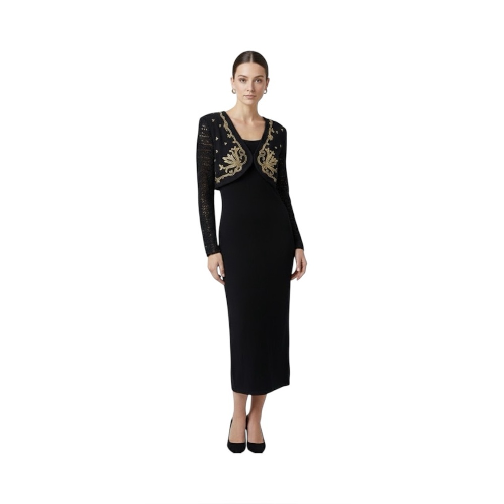 Carole Little Maxi Black Dress Decorative Gold Trim Attached Bolero Jacket